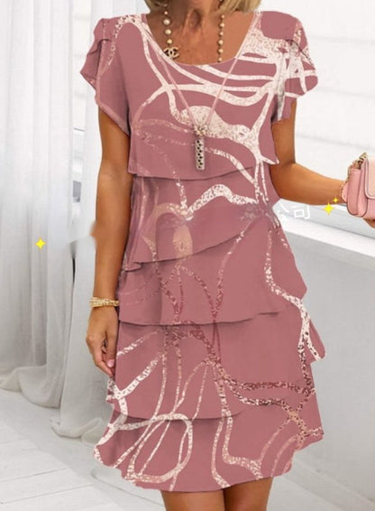 Damen Elegantes Patchwork-Kleid für Alltag und festliche Anlässe – Stilvolles Freizeitkleid mit Print und kurzen Ärmeln