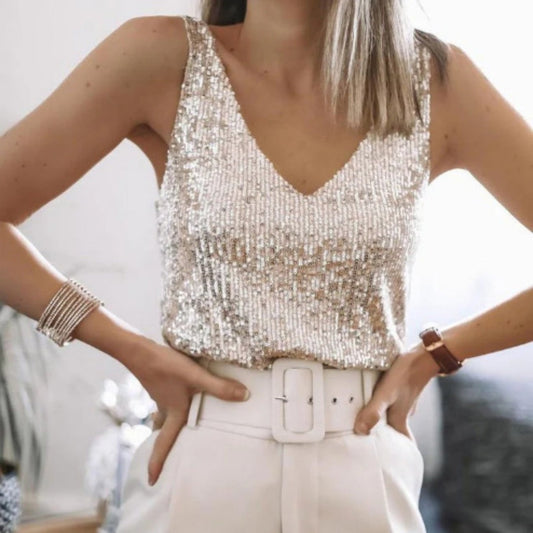Damen Pailletten-Top Elegant Festlich – Ärmelloses Oberteil für besondere Anlässe, Party & Abendmode