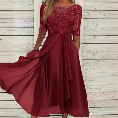 Elegantes Damen-Midikleid aus Chiffon mit Spitze und 3/4-Ärmeln – Abend- & Cocktailkleid