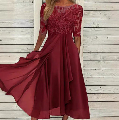 Elegantes Damen-Midikleid aus Chiffon mit Spitze und 3/4-Ärmeln – Abend- & Cocktailkleid
