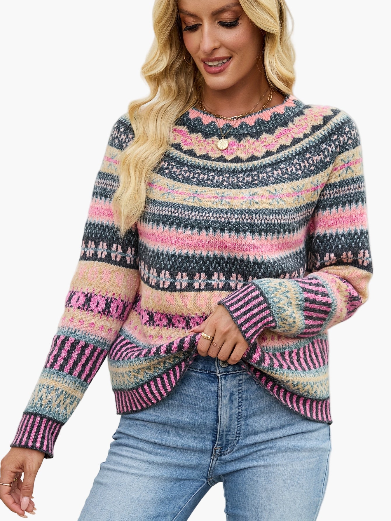 Damen Strickpullover mit skandinavischem Muster – Eleganter Winterpullover für Alltag & Freizeit