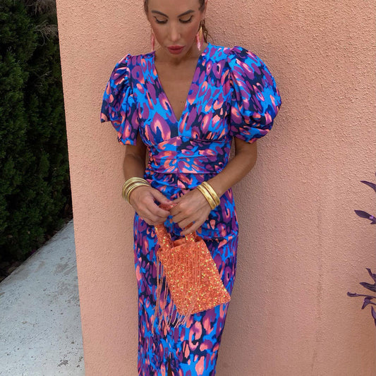 Damen Maxikleid mit Puffärmeln und modischem Animal-Print – Elegantes Partykleid für besondere Anlässe