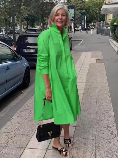 Damen Freizeit Hemdblusenkleid mit Polo-Kragen – Elegantes, lockeres Midikleid für Alltag und Büro