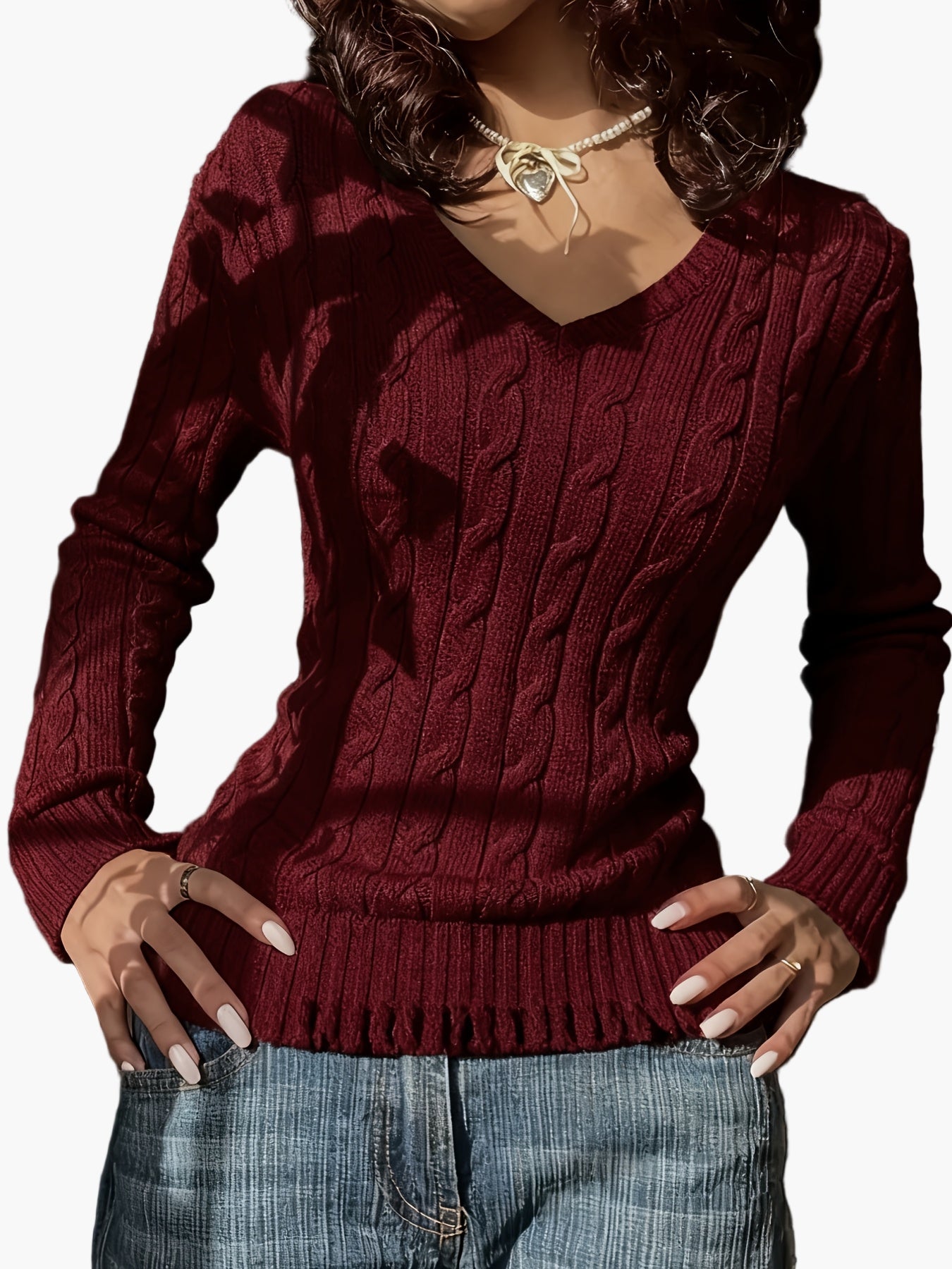 Damen Pullover im Zopfmuster mit V-Ausschnitt – Modischer Freizeit Strickpullover