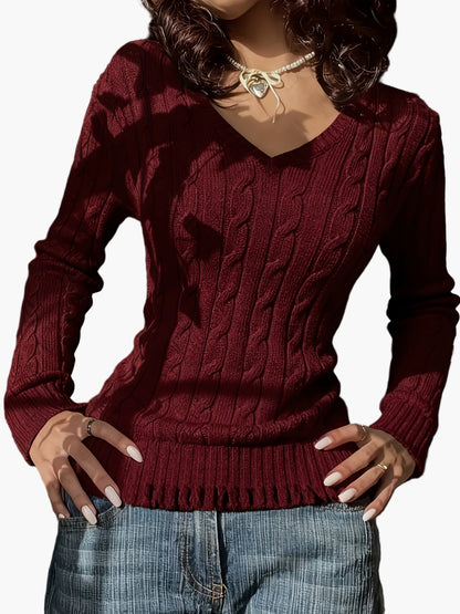Damen Pullover im Zopfmuster mit V-Ausschnitt – Modischer Freizeit Strickpullover