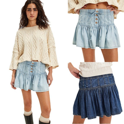 Melanie – Hoch taillierter A-Linien-Rock aus Jeans mit Falten