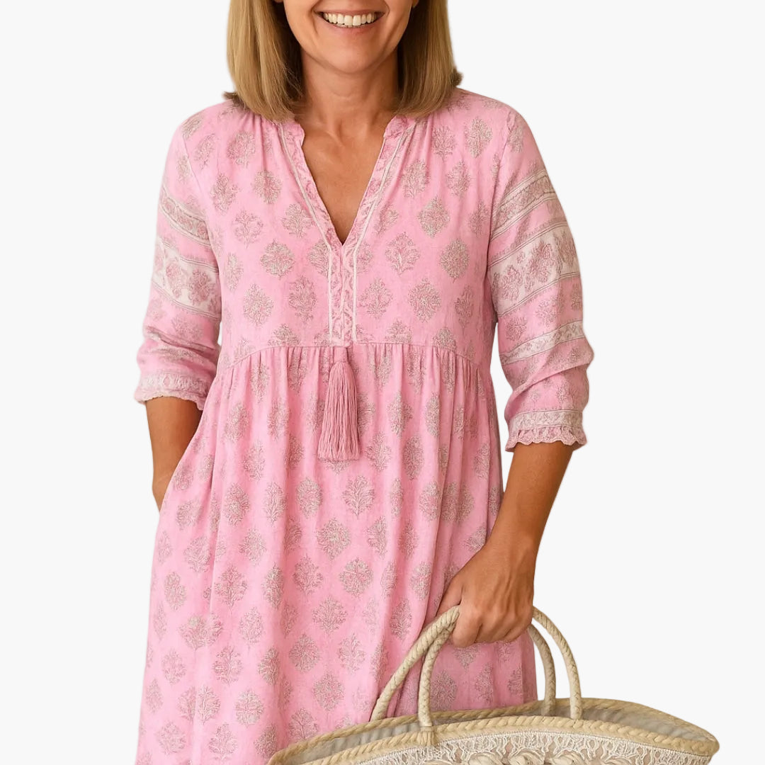 Dam Boho-midiklänning med tryck och 3/4-ärmar – Sommarstil, fritid & semester