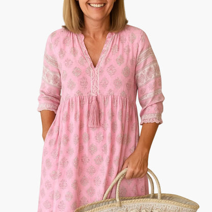 Dam Boho-midiklänning med tryck och 3/4-ärmar – Sommarstil, fritid & semester