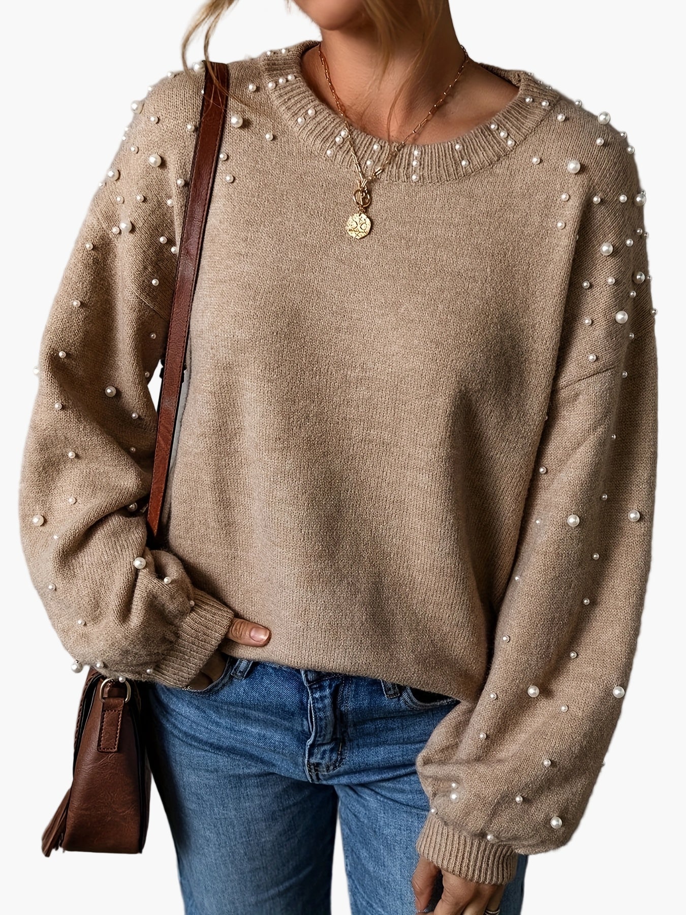 Damen Pullover Elegant mit Perlenbesatz und Ballonärmeln – Modischer Strickpullover für Alltag und Büro