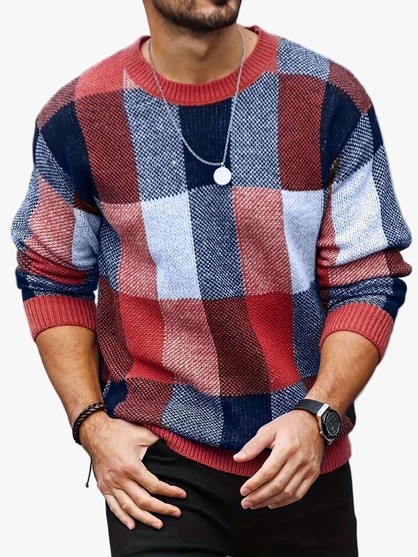 Herren Grobstrick Pullover Kariert Lässiger Style für Herbst und Winter