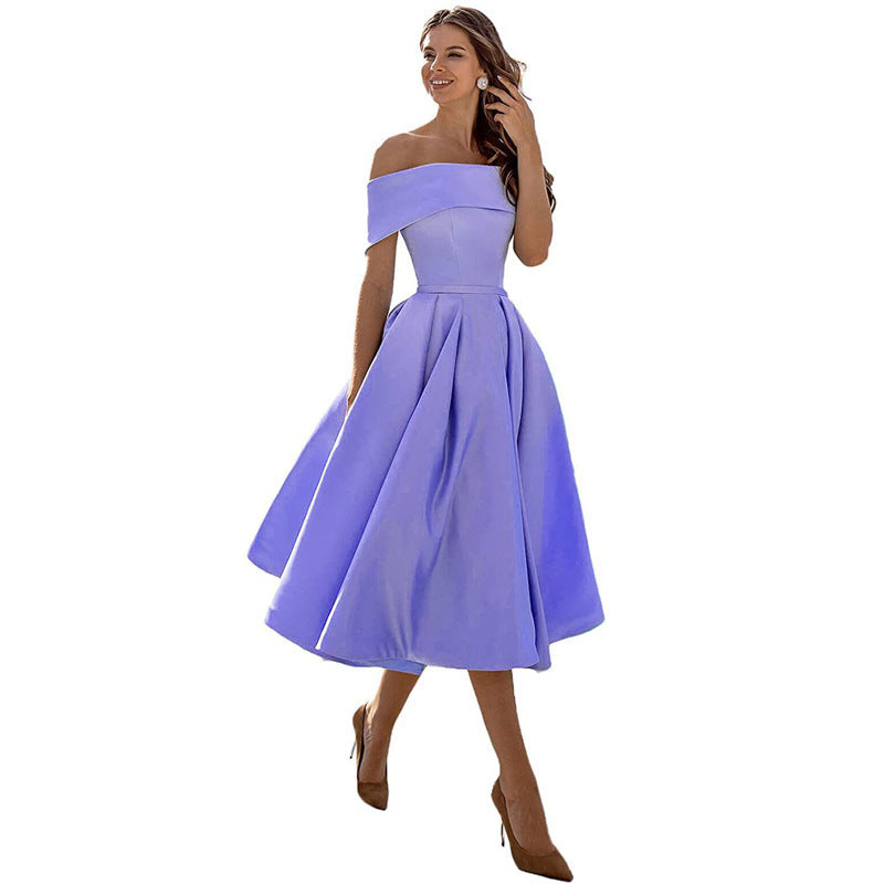 Schulterfreies Sommerkleid Damen – Luftiges elegantes Satin Cocktailkleid
