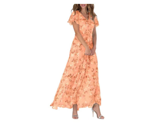 Damen Maxikleid in Rosa mit Blumenmuster – Elegantes Sommerkleid aus Chiffon mit Volantärmeln