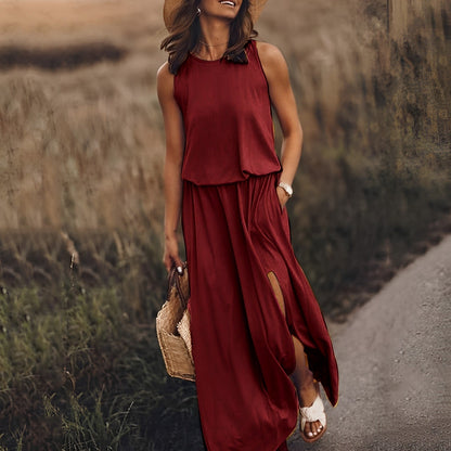 Damen Weißes Boho Maxikleid ohne Ärmel mit Schlitz – Sommer Strandkleid