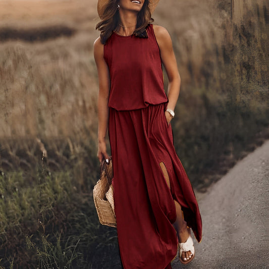 Damen Weißes Boho Maxikleid ohne Ärmel mit Schlitz – Sommer Strandkleid