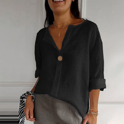 Damen-Bluse – Lockerer Schnitt, V-Ausschnitt, 3/4 Ärmel mit Knopf