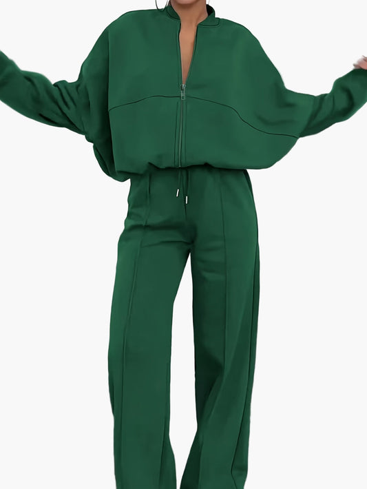 Damen Freizeit Sportanzug Set mit Reißverschlussjacke und Weithose – Lässige Mode für Alltag und Reise