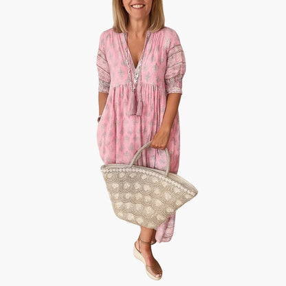 Dam Boho-midiklänning med tryck och 3/4-ärmar – Sommarstil, fritid & semester