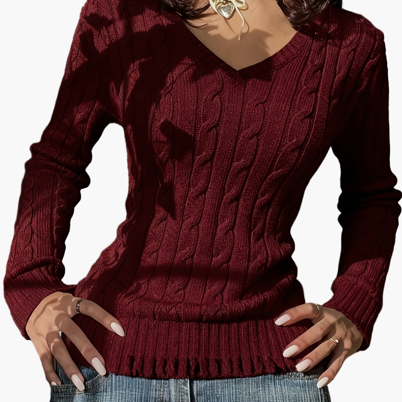 Damen Pullover im Zopfmuster mit V-Ausschnitt – Modischer Freizeit Strickpullover