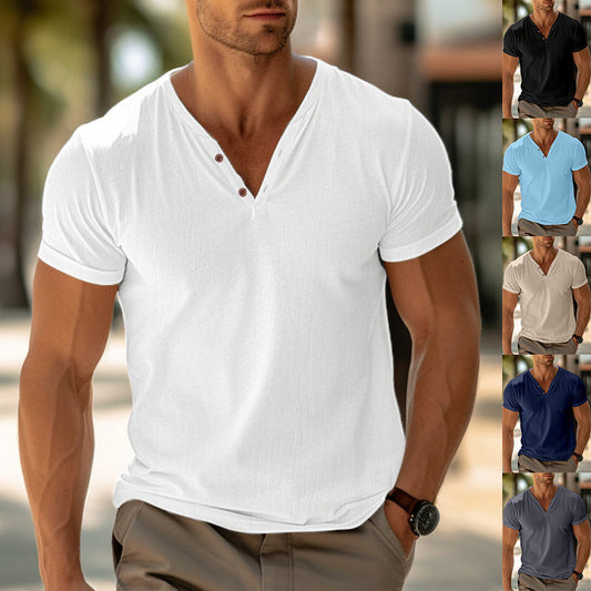 Herren Slim Fit V-Ausschnitt Shirt – Kurzarm T-Shirt mit Knöpfen, Sommerkomfort