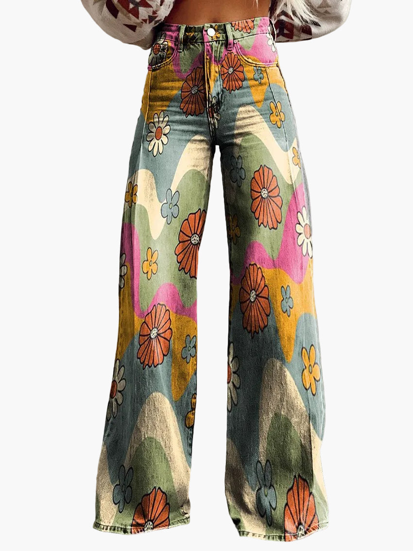 Dames baggy jeans met wijde pijp – Bonte bloemenprint – Modieuze vrijetijdsbroek voor zomer & dagelijks gebruik