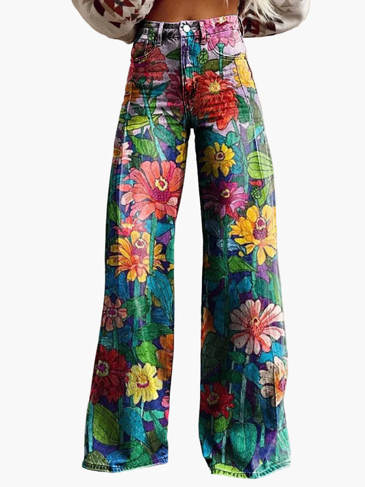 Jeans baggy à jambes larges pour femmes – Imprimé fleurs colorées – Pantalon de loisirs à la mode pour l’été et le quotidien