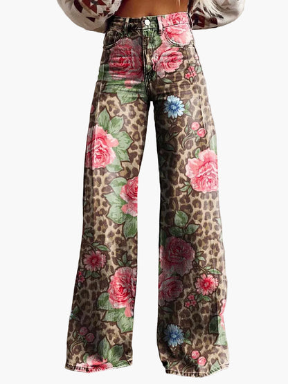 Dames baggy jeans met wijde pijp – Bonte bloemenprint – Modieuze vrijetijdsbroek voor zomer & dagelijks gebruik