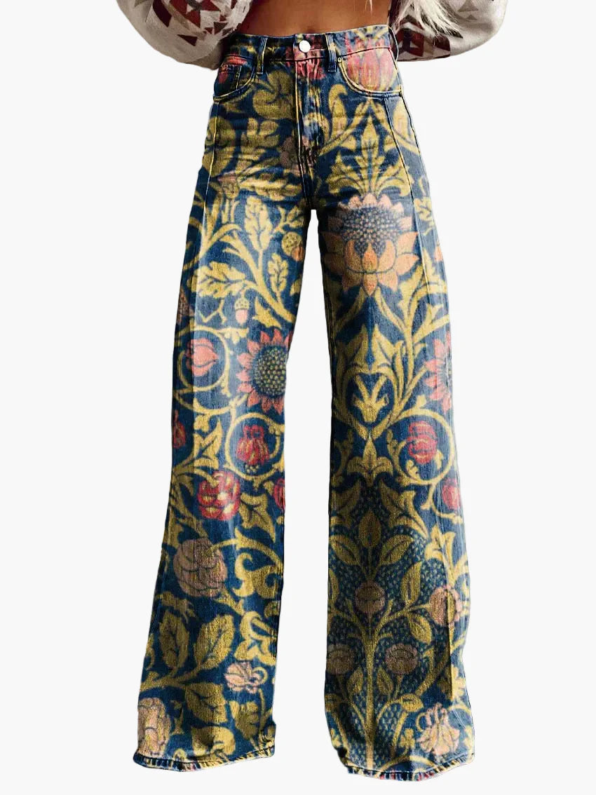 Dames baggy jeans met wijde pijp – Bonte bloemenprint – Modieuze vrijetijdsbroek voor zomer & dagelijks gebruik