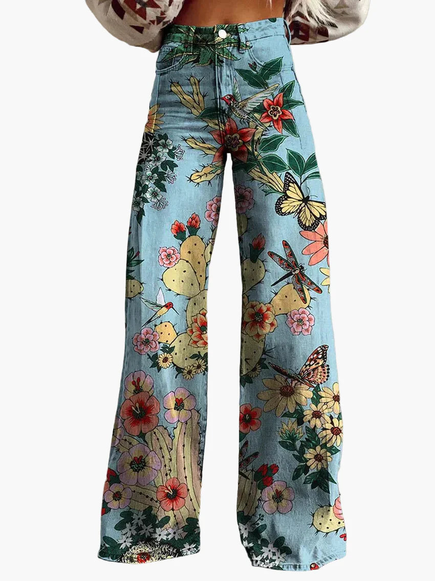 Dames baggy jeans met wijde pijp – Bonte bloemenprint – Modieuze vrijetijdsbroek voor zomer & dagelijks gebruik