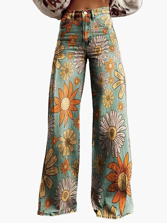 Dames baggy jeans met wijde pijp – Bonte bloemenprint – Modieuze vrijetijdsbroek voor zomer & dagelijks gebruik