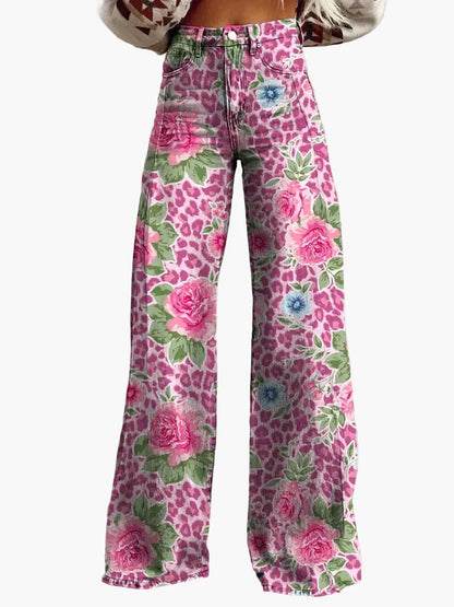 Dames baggy jeans met wijde pijp – Bonte bloemenprint – Modieuze vrijetijdsbroek voor zomer & dagelijks gebruik