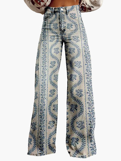 Dames baggy jeans met wijde pijp – Bonte bloemenprint – Modieuze vrijetijdsbroek voor zomer & dagelijks gebruik