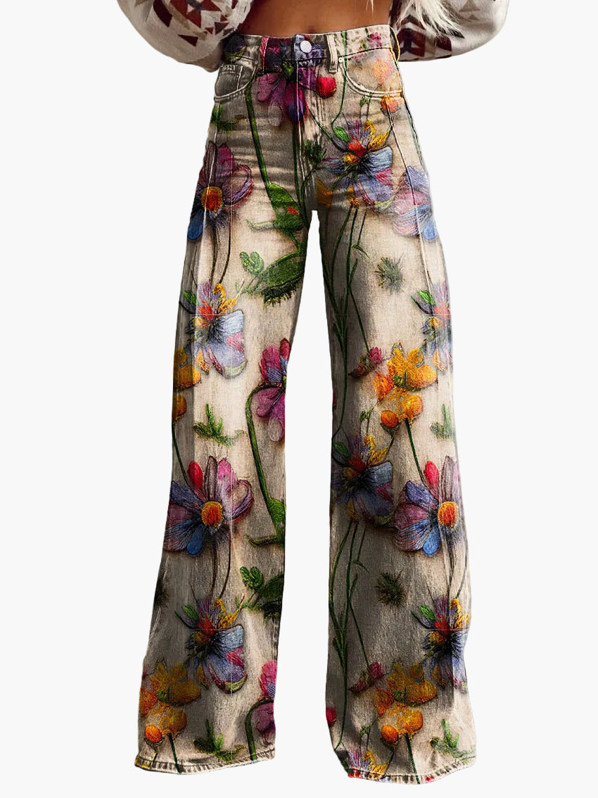 Dames baggy jeans met wijde pijp – Bonte bloemenprint – Modieuze vrijetijdsbroek voor zomer & dagelijks gebruik