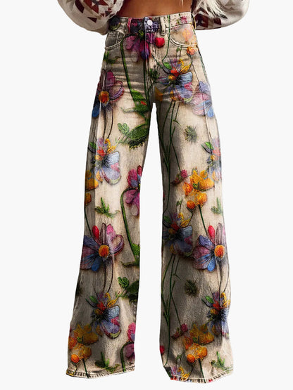 Dames baggy jeans met wijde pijp – Bonte bloemenprint – Modieuze vrijetijdsbroek voor zomer & dagelijks gebruik