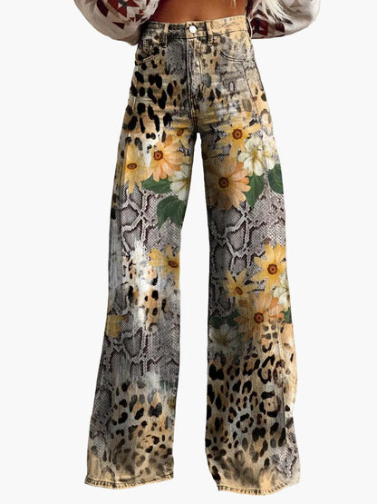 Dames baggy jeans met wijde pijp – Bonte bloemenprint – Modieuze vrijetijdsbroek voor zomer & dagelijks gebruik