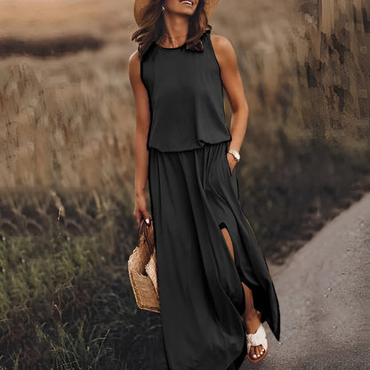 Damen Weißes Boho Maxikleid ohne Ärmel mit Schlitz – Sommer Strandkleid