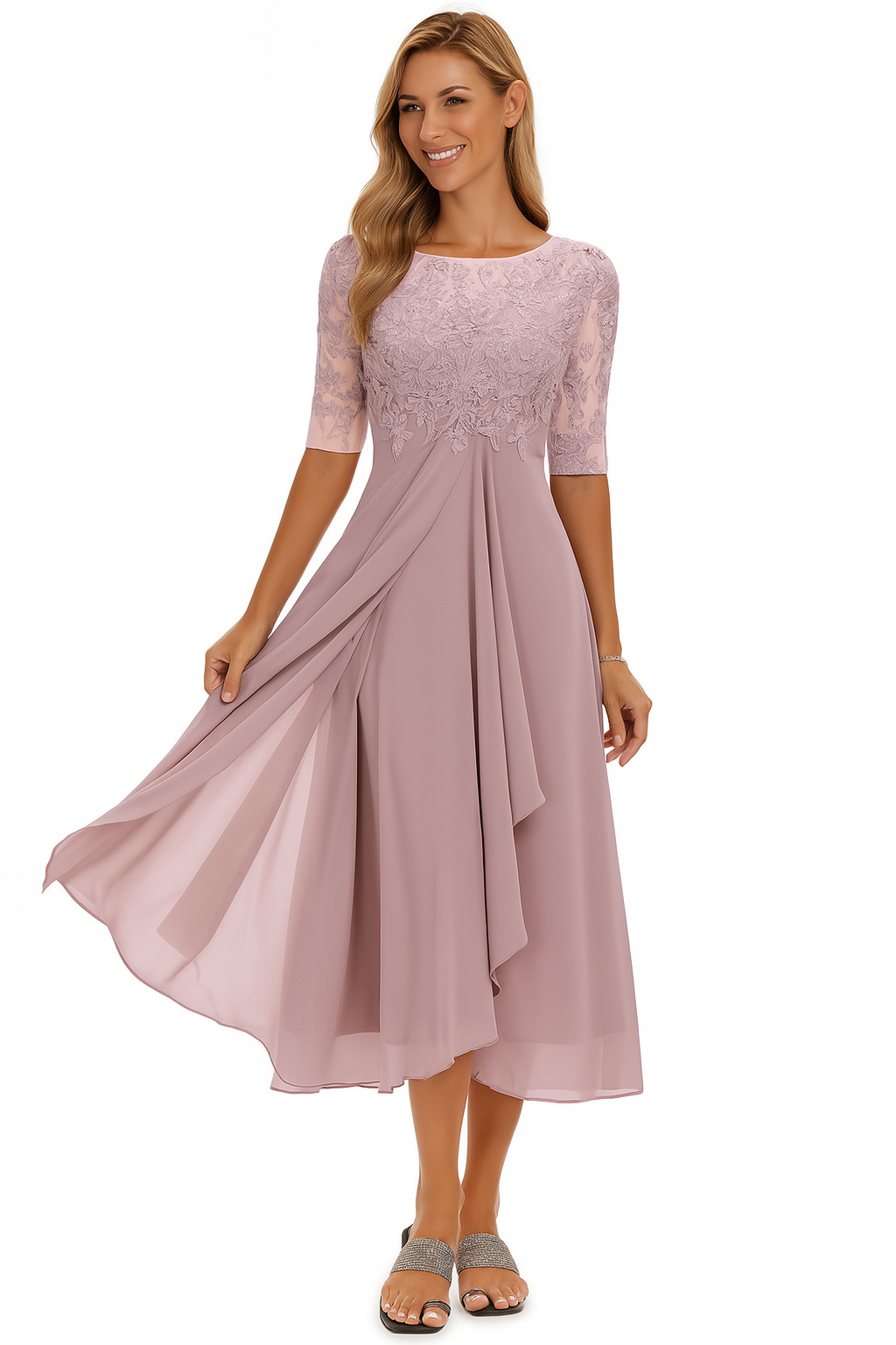 Elegantes Damenkleid mit Spitze und Chiffon – Halbarm, Knielang, A-Linie, Festlich