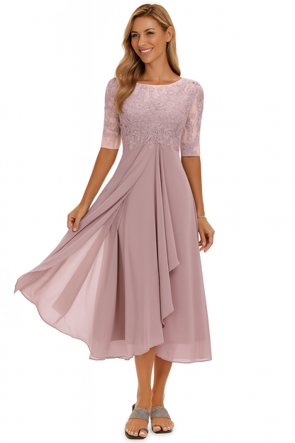 Elegantes Damenkleid mit Spitze und Chiffon – Halbarm, Knielang, A-Linie, Festlich