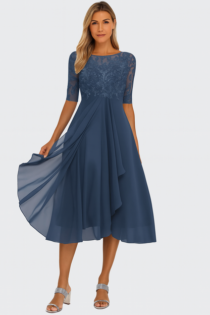 Elegantes Damenkleid mit Spitze und Chiffon – Halbarm, Knielang, A-Linie, Festlich