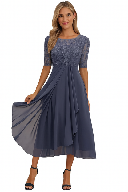 Elegantes Damenkleid mit Spitze und Chiffon – Halbarm, Knielang, A-Linie, Festlich