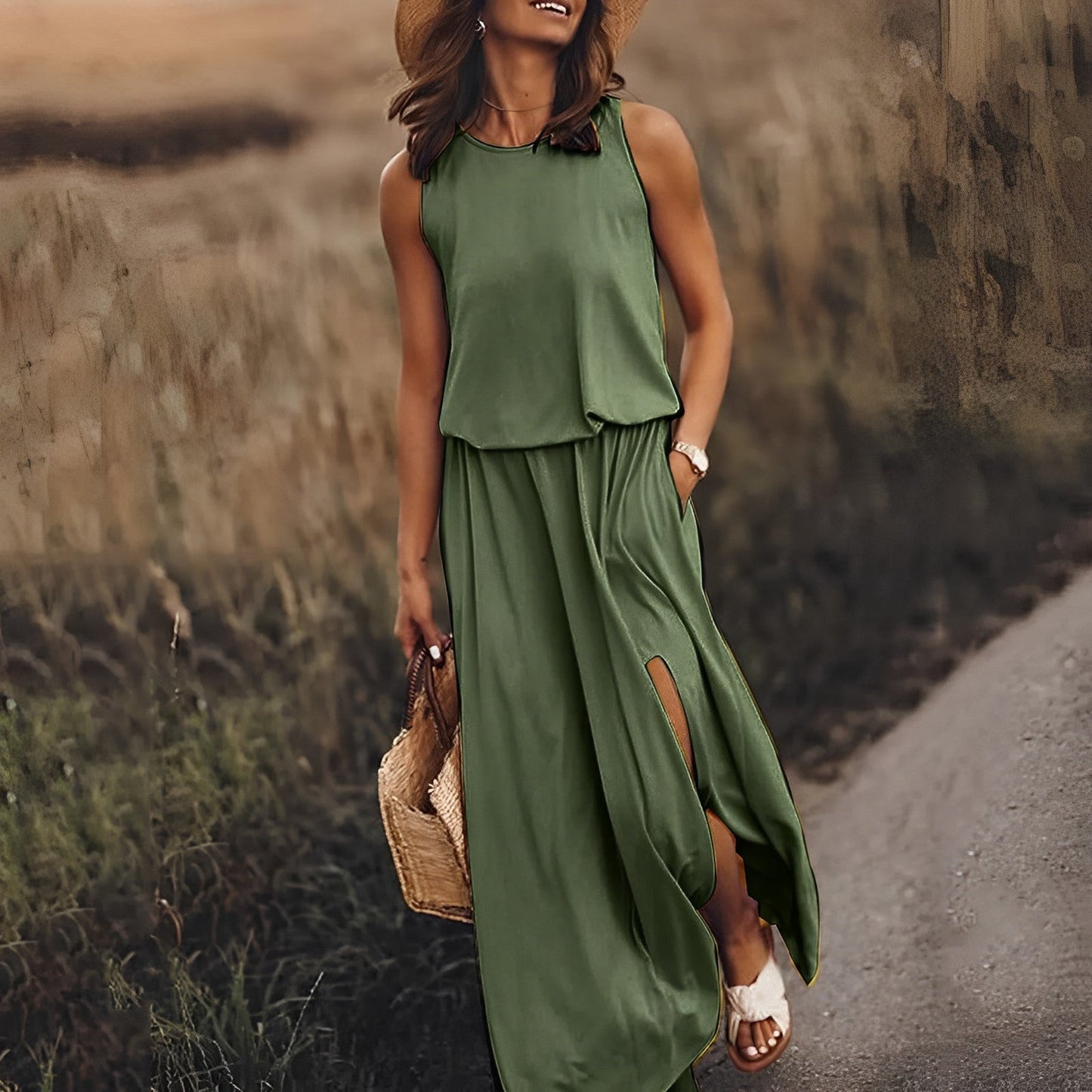 Damen Weißes Boho Maxikleid ohne Ärmel mit Schlitz – Sommer Strandkleid