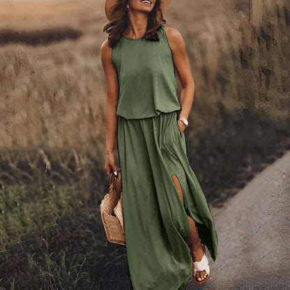 Damen Weißes Boho Maxikleid ohne Ärmel mit Schlitz – Sommer Strandkleid