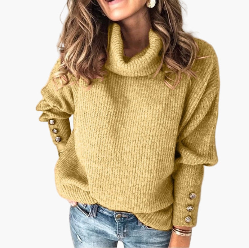 Damen Pullover mit Rollkragen und Knopfdetails – Modischer Freizeit Strickpullover