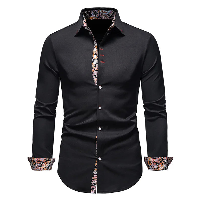 Herren Slim Fit Hemd – Schwarz mit Paisley-Kontrast – Langarm, Eleganter Freizeit-Look