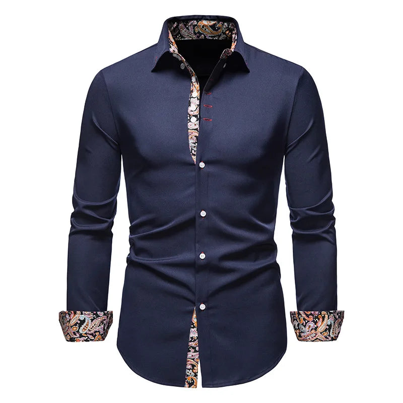 Herren Slim Fit Hemd – Schwarz mit Paisley-Kontrast – Langarm, Eleganter Freizeit-Look
