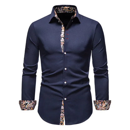 Herren Slim Fit Hemd – Schwarz mit Paisley-Kontrast – Langarm, Eleganter Freizeit-Look