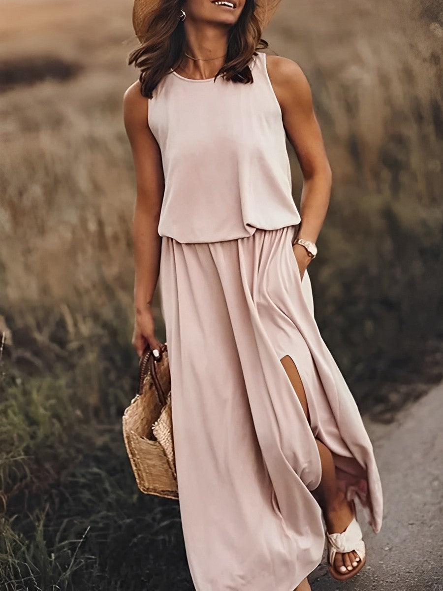 Damen Weißes Boho Maxikleid ohne Ärmel mit Schlitz – Sommer Strandkleid