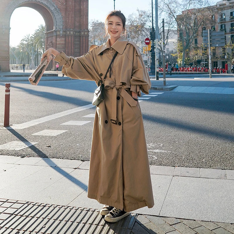 Damen Trenchcoat – Oversized Lang Mantel – Klassischer Stil für Alltag und Business