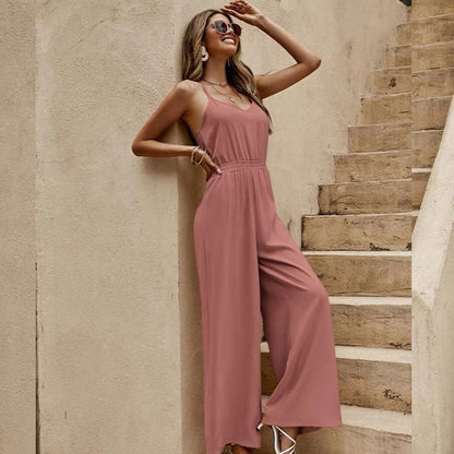 Damen ärmelloser Jumpsuit mit weitem Bein – Eleganter Einteiler für den Sommer mit Spaghettiträgern