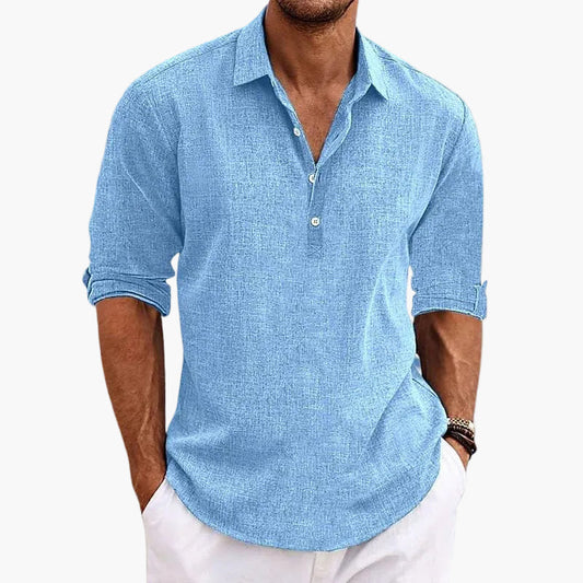 Chemise décontractée pour hommes avec col montant et patte de boutonnage – Chemise manches longues stylée pour quotidien et vacances