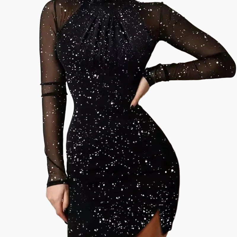 Miniabito bodycon elegante da donna con punti glitterati – Abito da sera e festa con collo alto e maniche in mesh